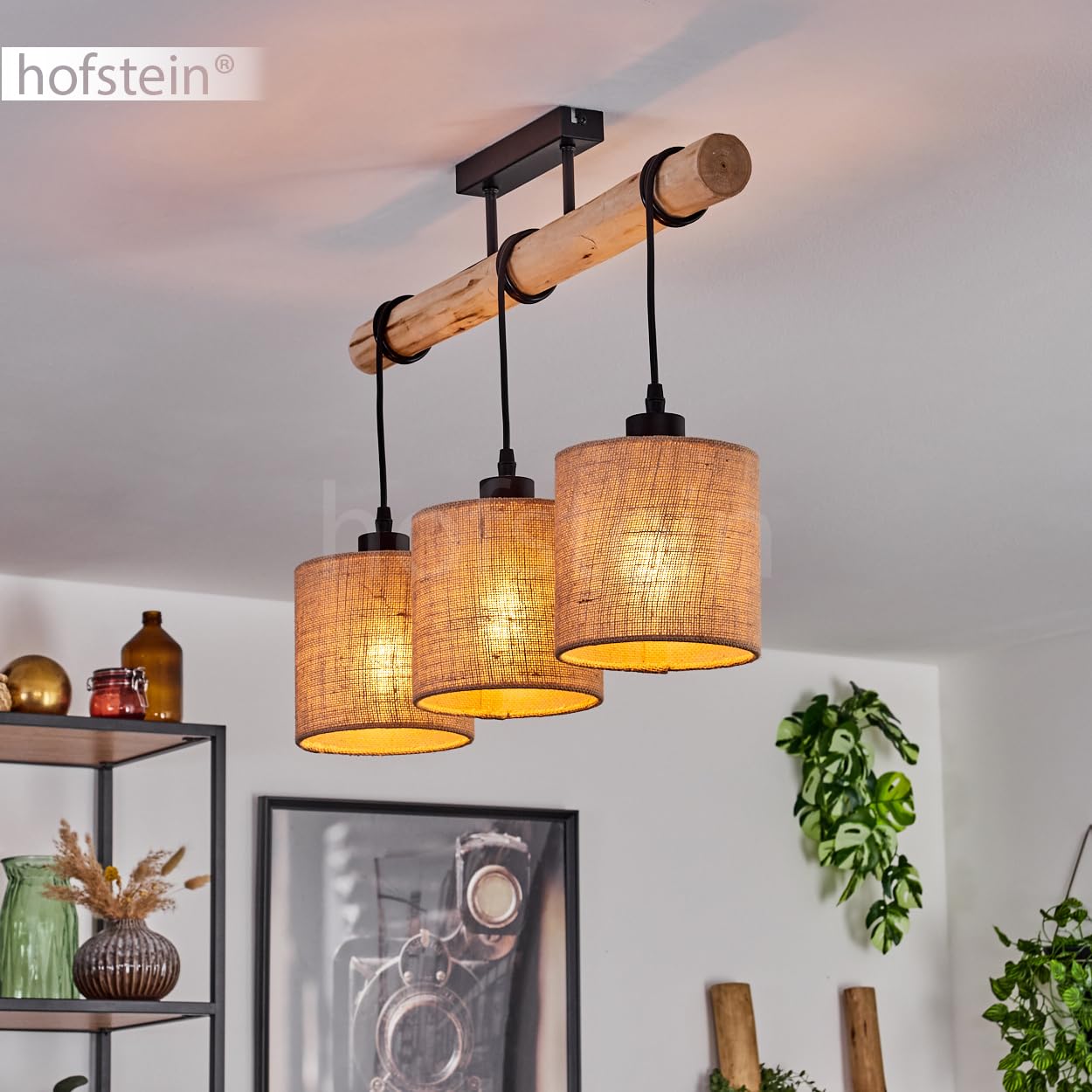 HOFSTEIN Lampada da soffitto Soungou moderna lampada da soffitto in legno/metallo/lino naturale/nero/beige, plafoniera a 3 luci, design scandinavo, 3 lampadine E27, altezza max. 82 cm, senza lampadina