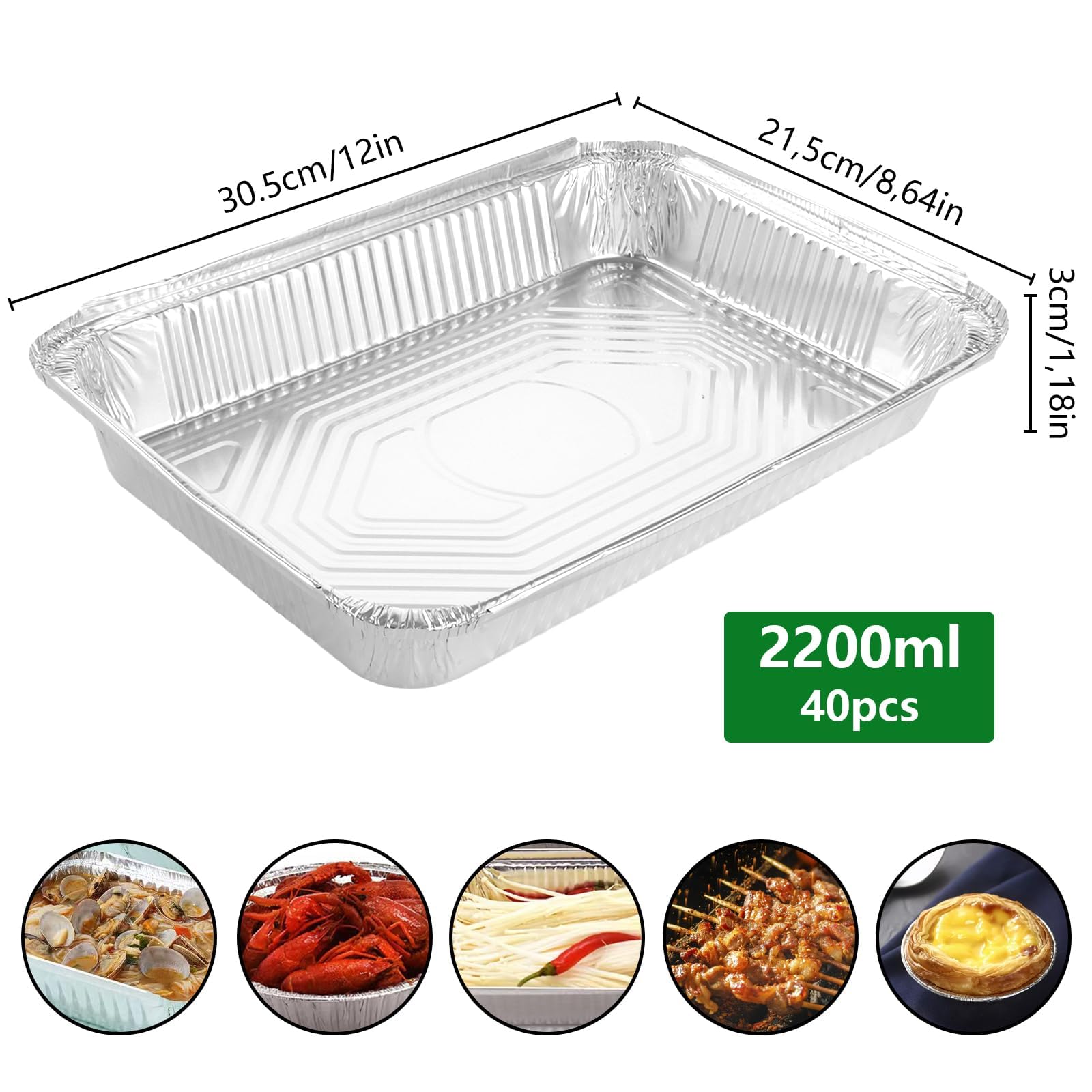 40 Stück Aluschalen mit Deckel 2200ml Alu Grillschalen mit Deckel,Große Aluschalen Grillschalen Aluminium Einweg Aluschalen für Backen Kochen-30.5x21.5x3cm