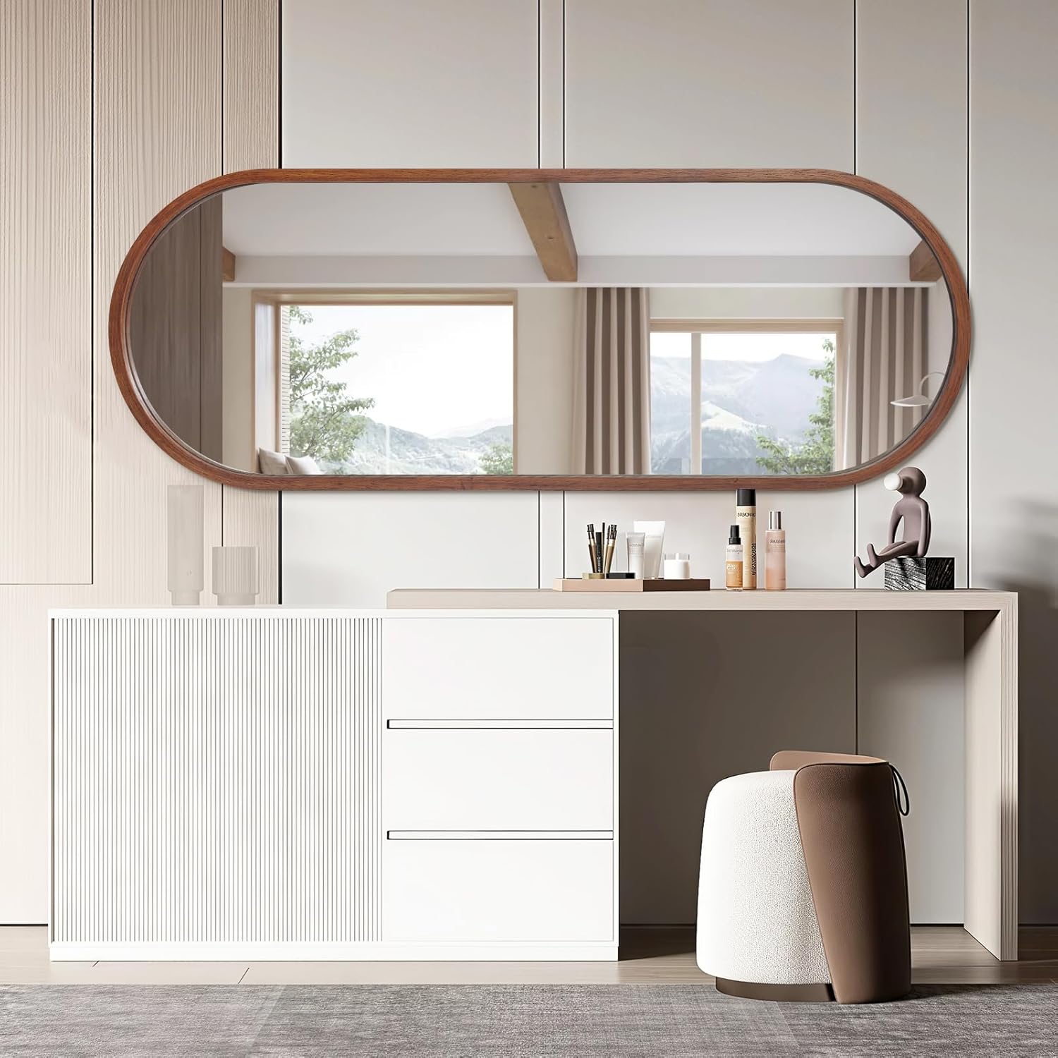 Niccy 66"×24" Wood Full Length Mirror, HD Long Walnut Oval Wall-Mounted Mirrors, Large Body Hanging Mirrors for Living Room, Explosion-Proof Wooden Frame Mirrors for Entryway, Bedroom, Walnut