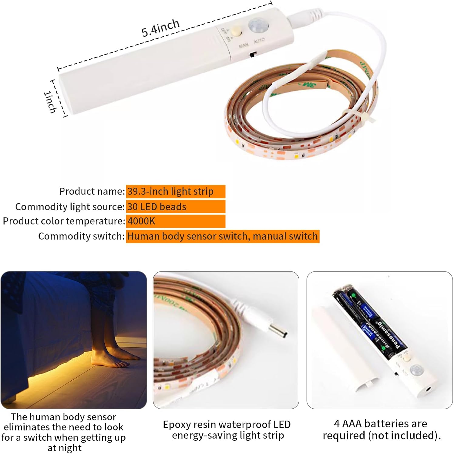 2 pcs Battery Powered motion sensor light strip,indoor,closet lights,flexible self adhesive led strips lights,hallway light,warm bedside lights,stair,bedroom,kitchens,living room,corridors,Cabinet