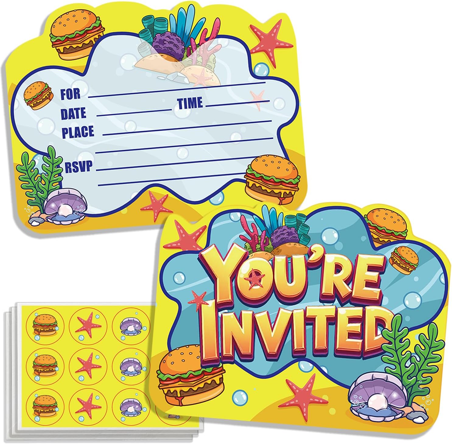 24 Pcs Cartoon Yellow Birthday Party Invitations with Envelopes, Funny Underwater Party Invite Cards for Sponge-Themed Birthday Party Decorations Supplies