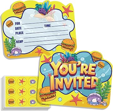 24 Pcs Cartoon Yellow Birthday Party Invitations with Envelopes, Funny Underwater Party Invite Cards for Sponge-Themed Birthday Party Decorations Supplies