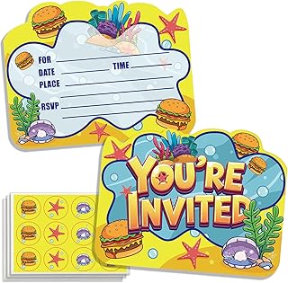 24 Pcs Cartoon Yellow Birthday Party Invitations with Envelopes, Funny Underwater Party Invite Cards for Sponge-Themed Birthday Party Decorations Supplies