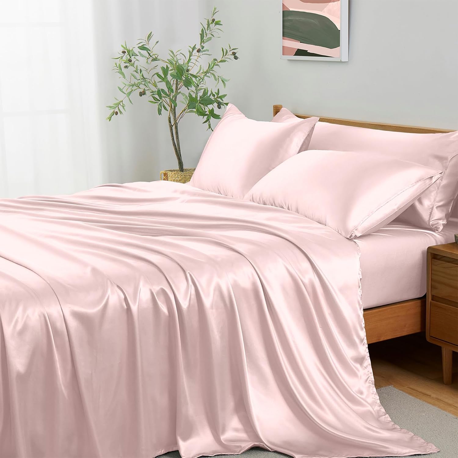 Entisn 4Pcs Silky Satin Sheets Set, Twin Size Satin Bed Sheets Set, Blush Pink Luxury Bedding Sets, Breathable & Ultra Soft Sheets Set Includes 1 Fitted Sheet, 1 Flat Sheet, 2 Pillowcases