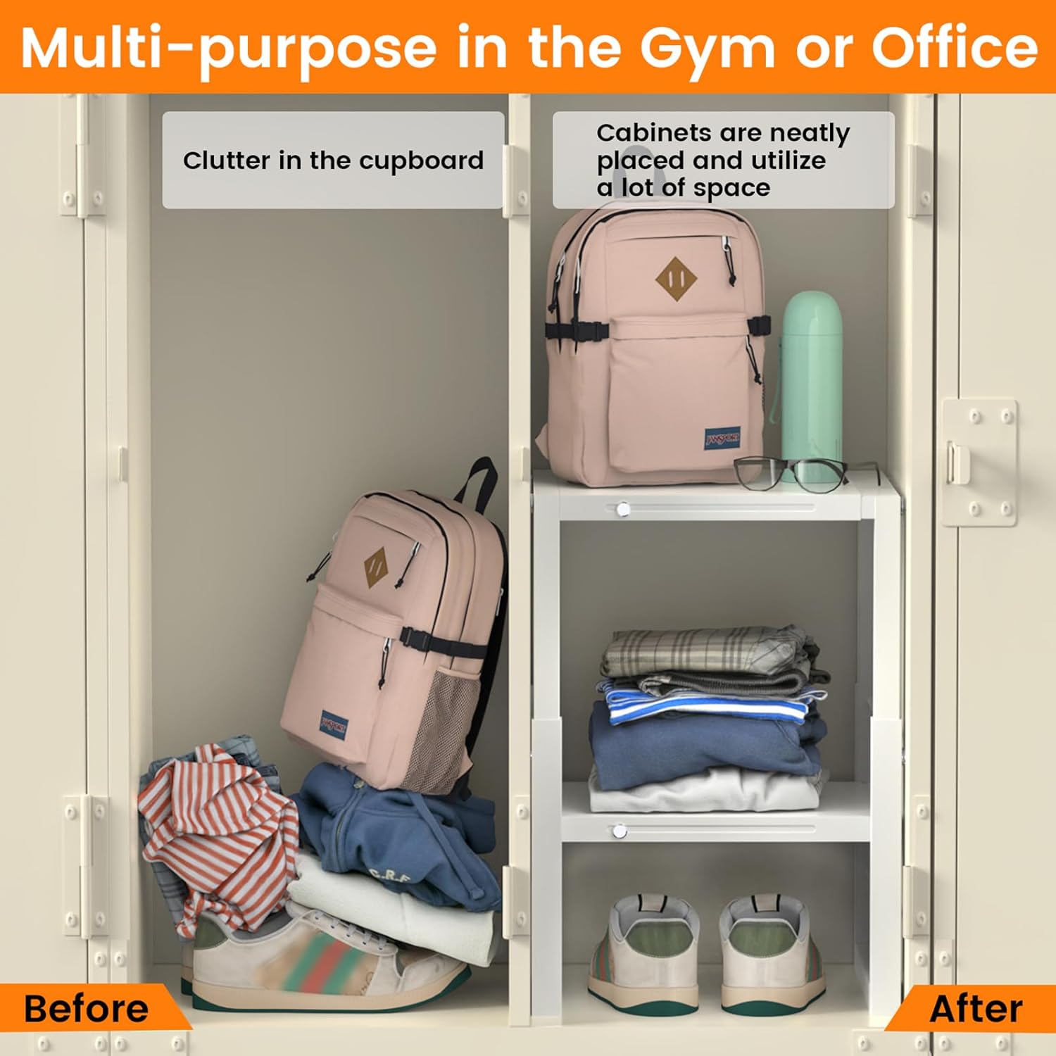Locker Organizer Shelf White, Metal Adjustable Width and Height, Ideal Locker for School, Office, and Gym Lockers, Extends Locker Storage Organization