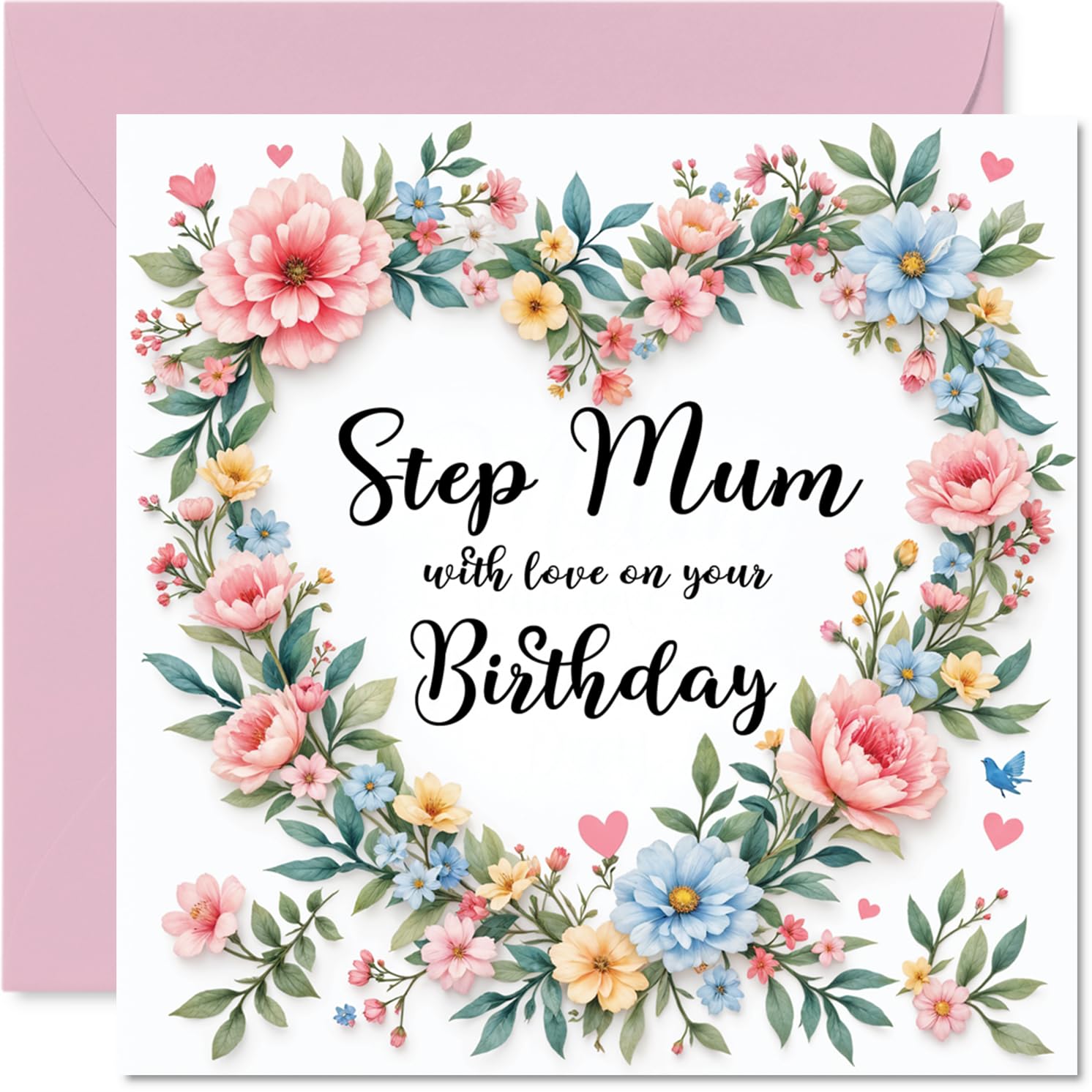 Step Mum Birthday Card - Flower Heart Wreath - Happy Birthday Card for Step Mum from Son Daughter, 145mm Flower Heart Wreath Bday Greeting Cards