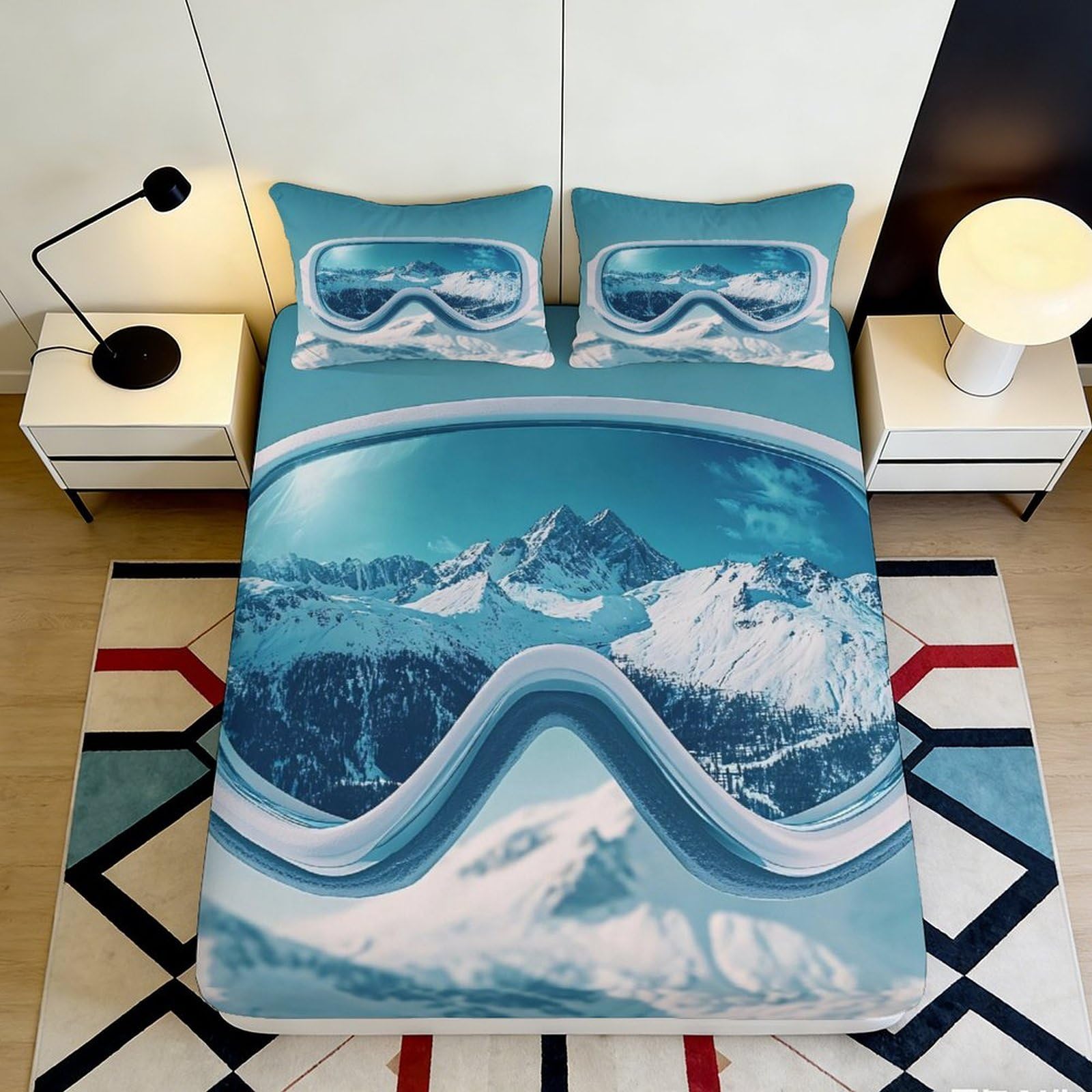 3D Printed Ski Mountain Fitted Sheet Microfiber Non-Slip Deep Pocket Snow Landscape Mattress Fitted Cover Washable 90x200x25cm