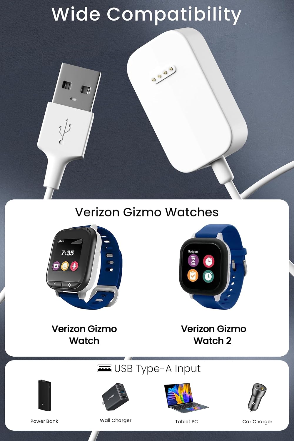 USB Charger for Verizon Gizmo Watch/ 2/3/ Disney Edition 3.3ft(1m) Charging Cable Station Stand for Gabb Watch 2/1