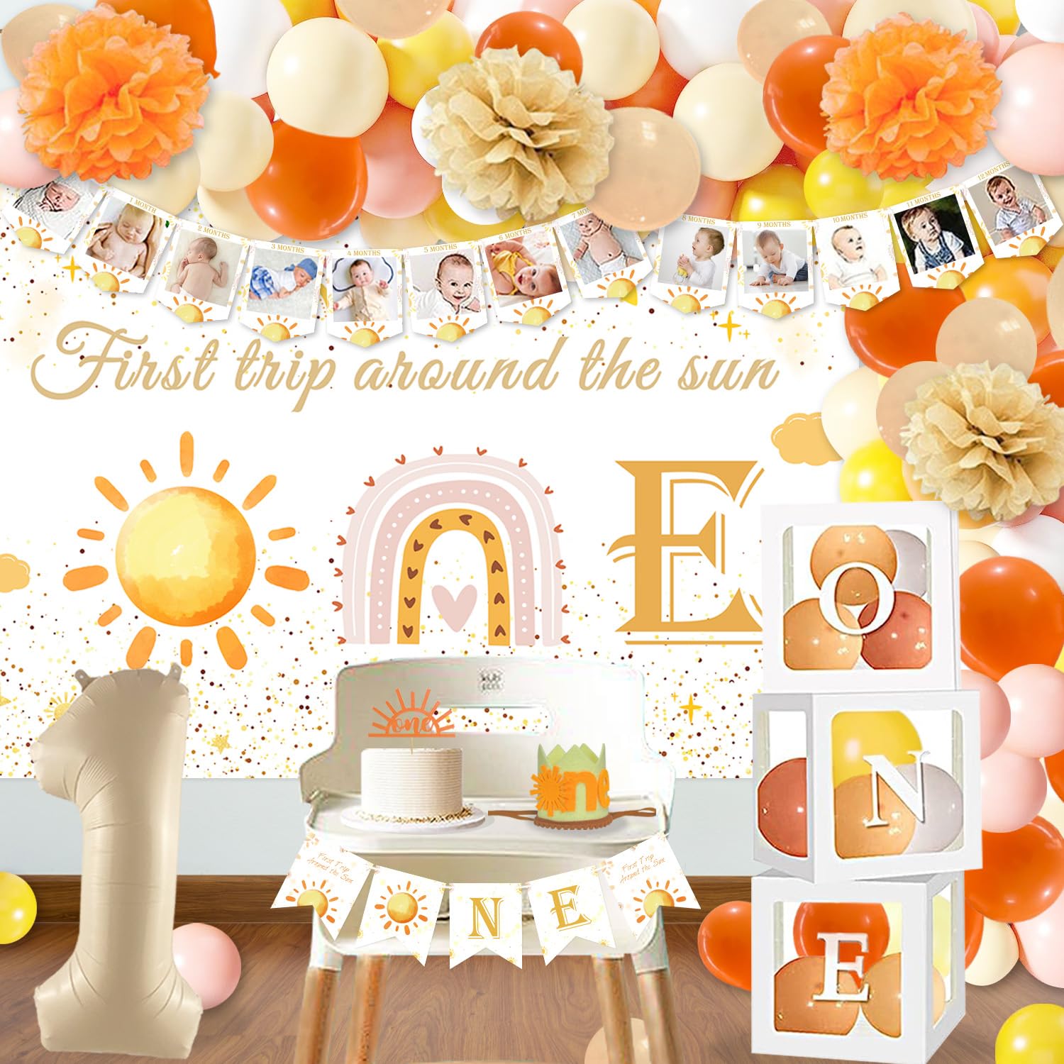 Ylibtool First Trip Around the Sun Birthday Decorations, Boho Sun Rainbow 1st Birthday Decorations for Girl with Backdrop Balloons Box Banner