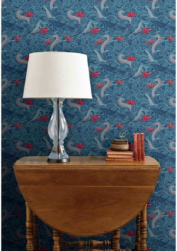Spoonflower Commercial Grade Wallpaper 27ft x 2ft - Octopus Ocean Small Print Japanese Hawaii Wave Nautical Traditional Wallpaper