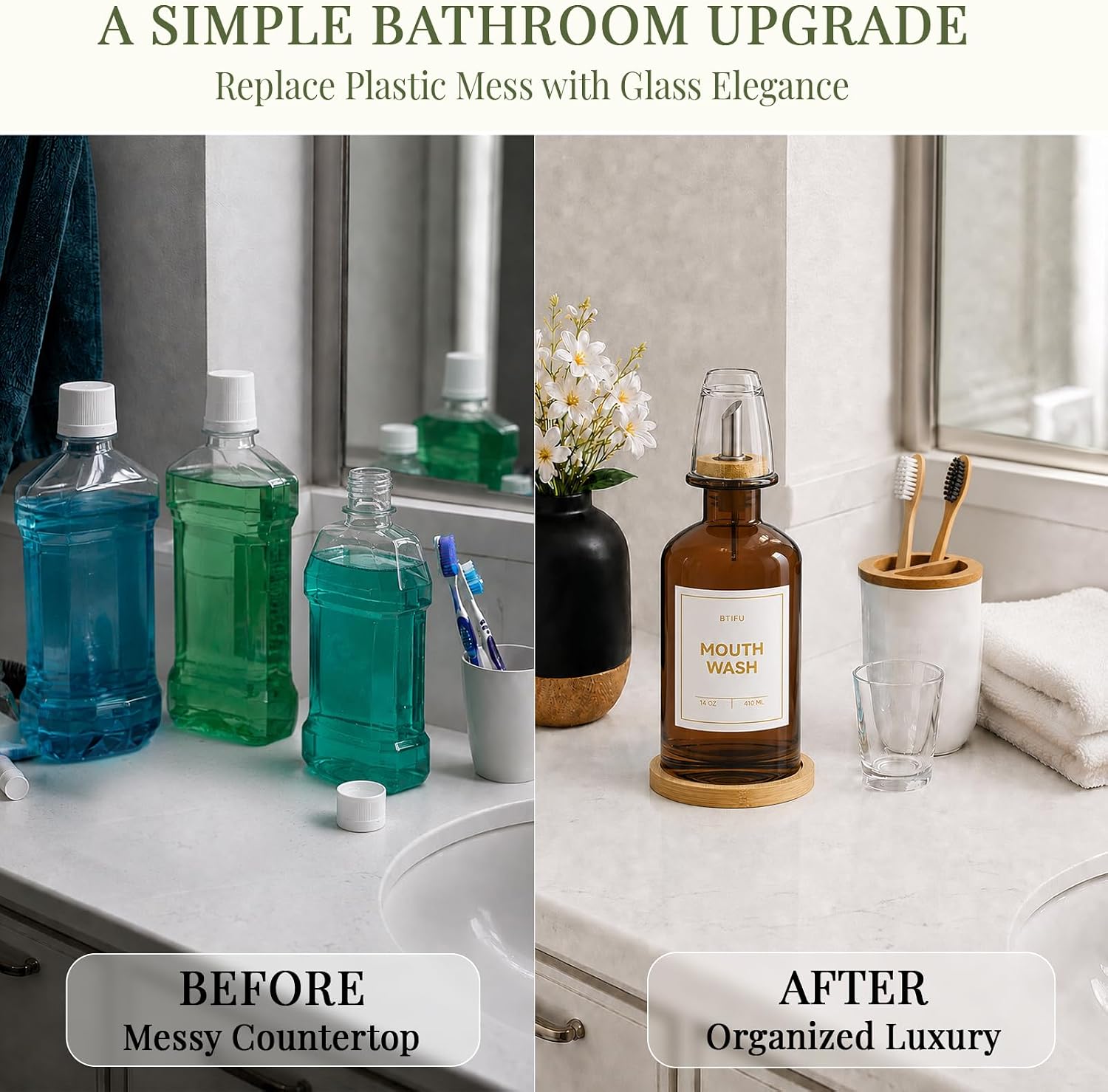 Amber Glass Mouthwash Dispenser for Bathroom - 14oz/410ml