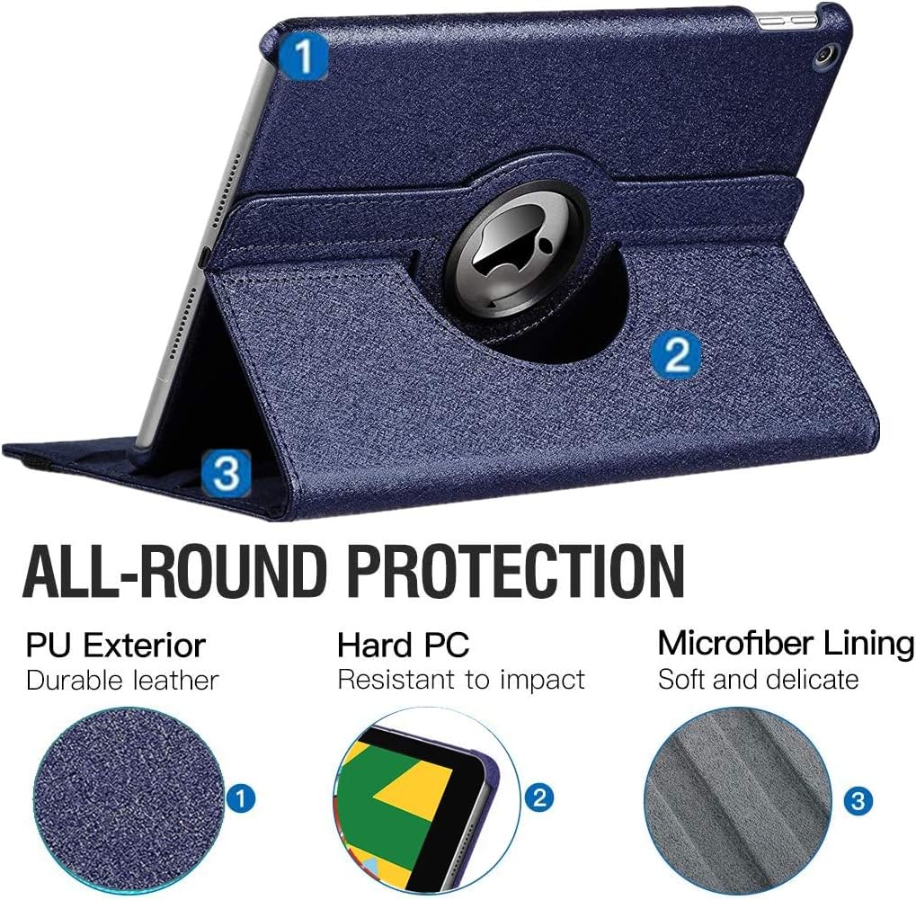 360°Rotating Case 10.2 Inch for New iPad 8th Gen (2020)/7th Generation (2019)- Smart Protective Stand Cover with Auto Sleep/Wake Function for Apple iPad Stand with Elastic Pencil Holder (Navy Blue)