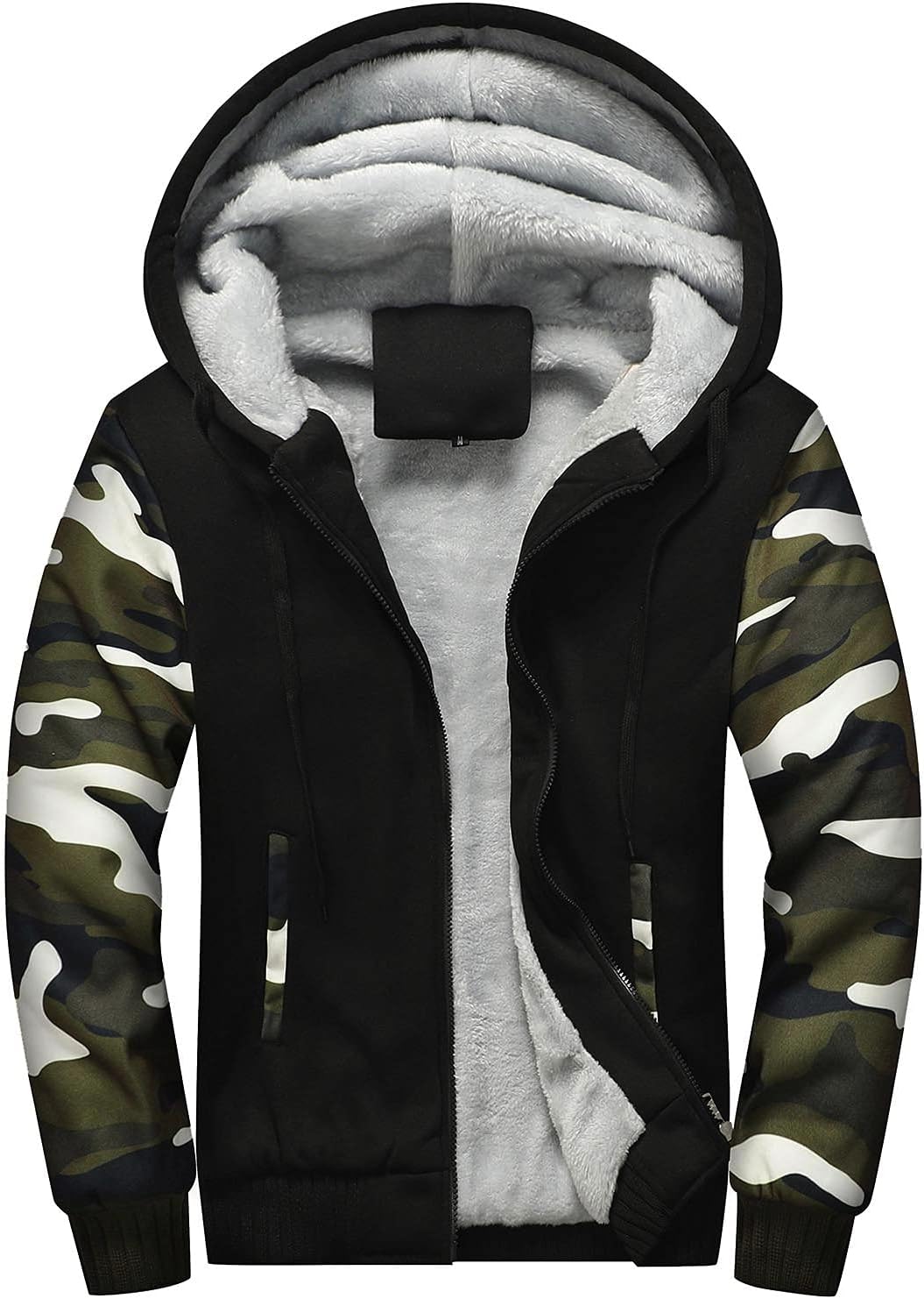 Jacket For Men Sherpa Lined Color Block Warm Hoodies Zip Up Winter Hooded Jacket Baggy Fleece Coat Pockets Sweatshirts