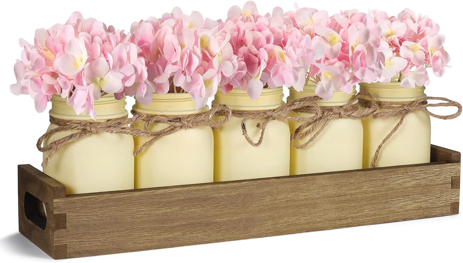 Centerpieces for Dining Room Table with Long Tray, Kitchen Table Centerpieces with 5 Mason Jars, Artificial Hydrangea Rustic Farmhouse Home Decor for Living Room Coffee Table Decor by TJ.MOREE - Pink