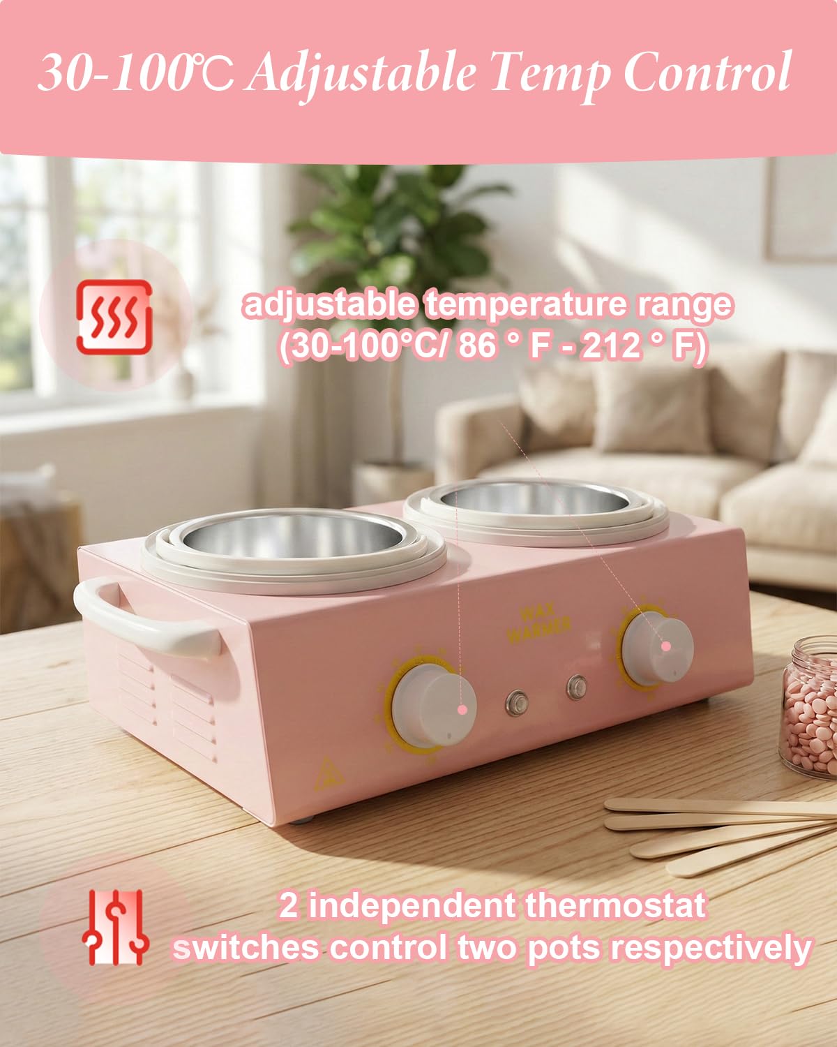 Riscaldatore di cera professionale doppio, 220 V 200 W, scaldacera per depilazione, scaldacera da 1000 ml, con 20 bastoncini, 20 collari e 100 strisce di cera, per saloni, spa e uso domestico (rosa)