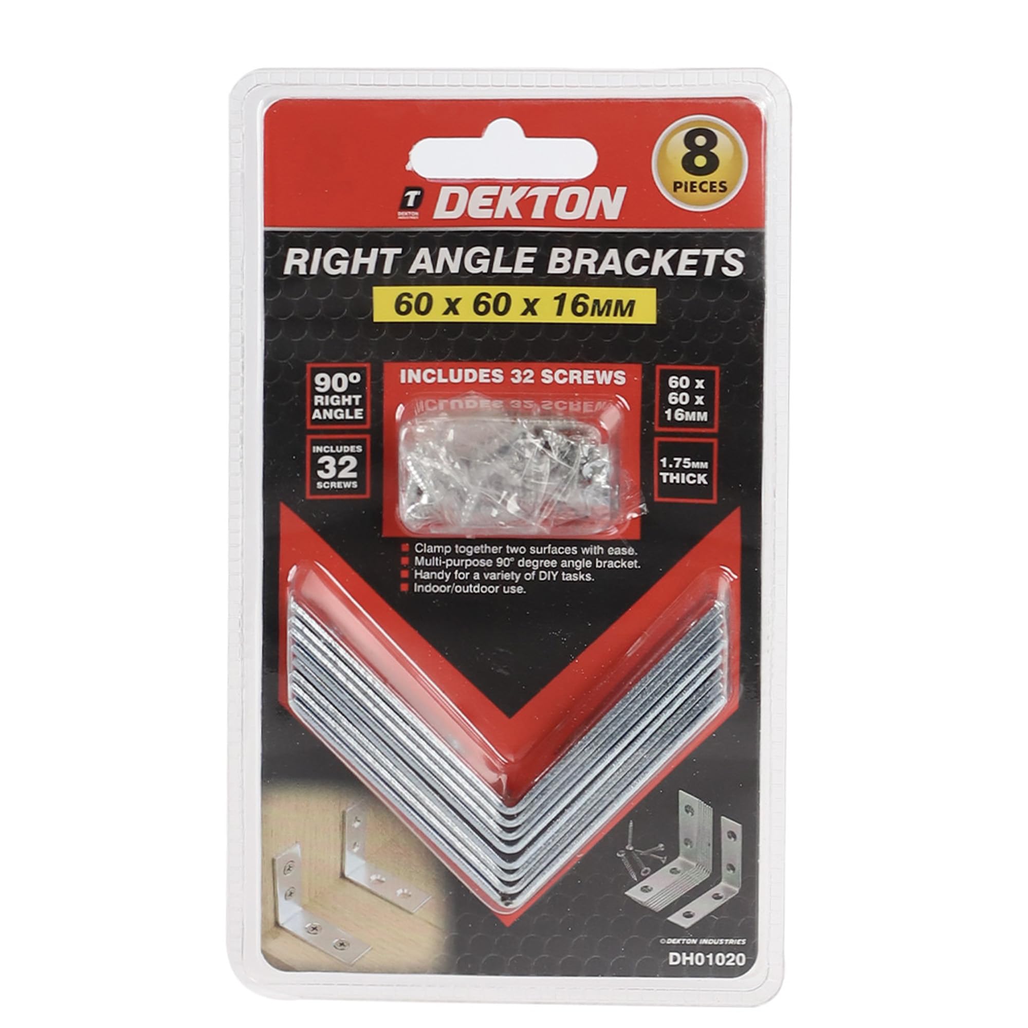 Dekton Silver 8-Piece Right Angle Bracket Set - Heavy-Duty Metal| Rust-Resistant| Ideal For Reinforcing Shelves, Tables And Furniture| Includes Screws For Easy Installation| Durable L-Shaped Brackets