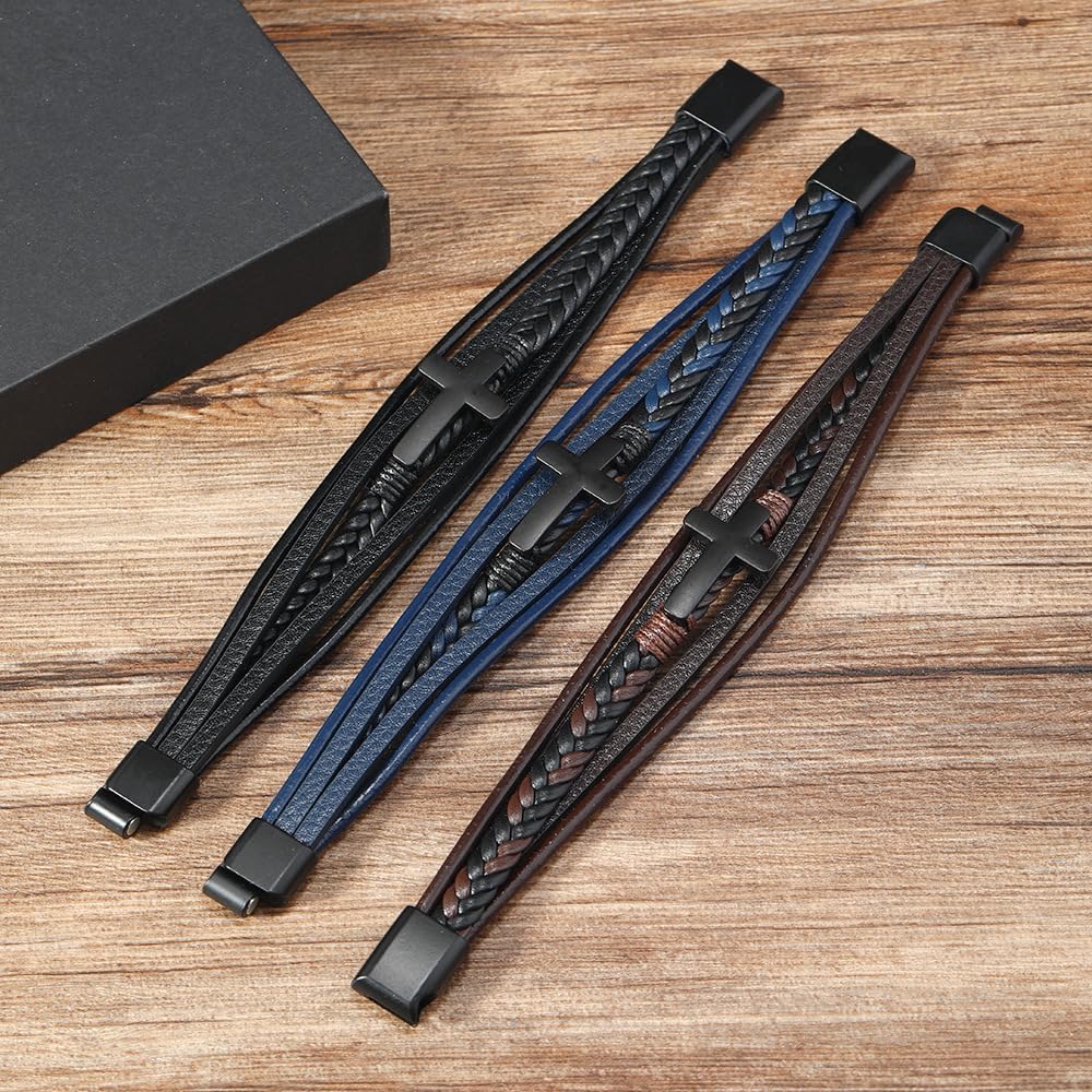 Stainless Steel Braided Leather Bracelet for Men Cuff Bangle Cross Magnetic Clasp