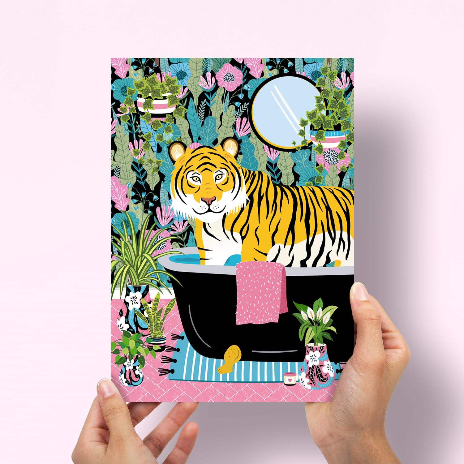 Parmaro Tiger in Bath A4 UNFRAMED Print, Animal on Toilet, Tropical Bathroom Decor, Pink Black Yellow, 29.7L x 21W cm - Image 3