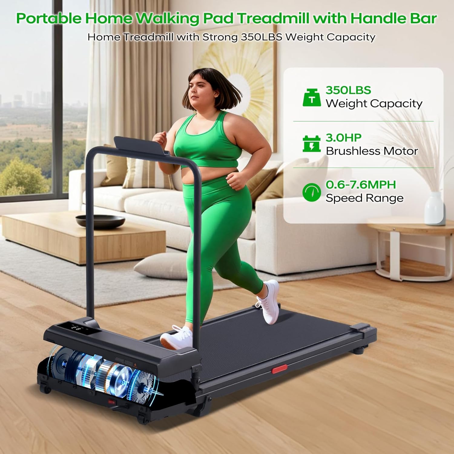 Walking Pad with Handle Bar and Incline, 3.0HP Portable Compact Walking Pads Treadmills with Handles for Home Small, 0.6-7.6MPH Electric Treadmills for Apartment/Home Small Spaces, 350LBS