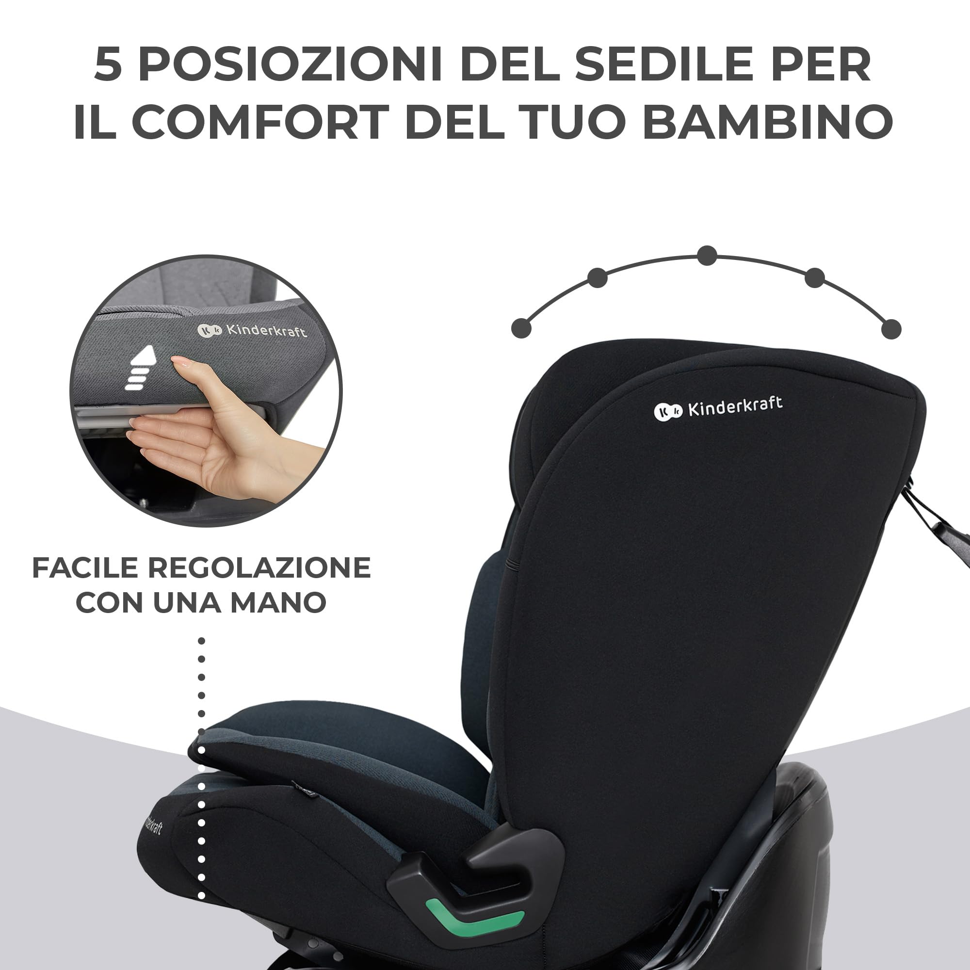 Kinderkraft ONETO3 I-SIZE 76-150 cm Seggiolino Auto 9-36 kg isofix, Alzatina auto bimbi, Poggiatesta regolazione, Cinture di sicurezza, Facile da pulire, Nero
