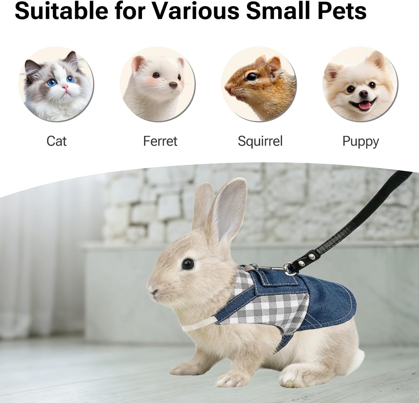 Escape Proof Rabbit Harness and Leash Set - Adjustable Breathable Bunny Vest with Padded Straps for Outdoor Training, Walking, Camping (Grid Gray, S) image 5