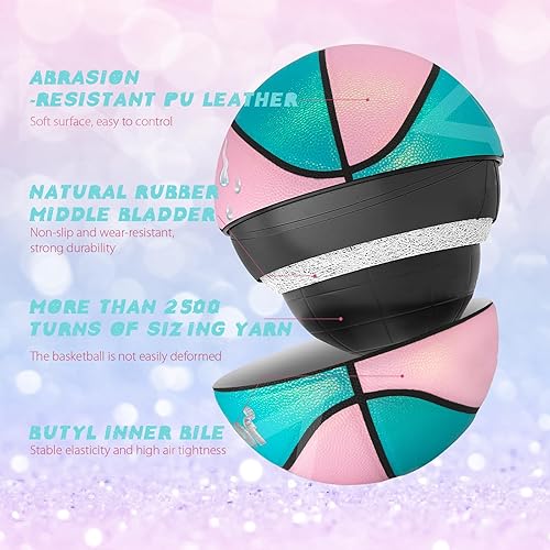 Miniatura 4 de Picador Glitter Pink Basketball Size 5 6 for Kids 5-7 8-12 Years Old Girls Boys, Indoor Outdoor 27.5 28.5 PU Youth Junior Women Basketballs
