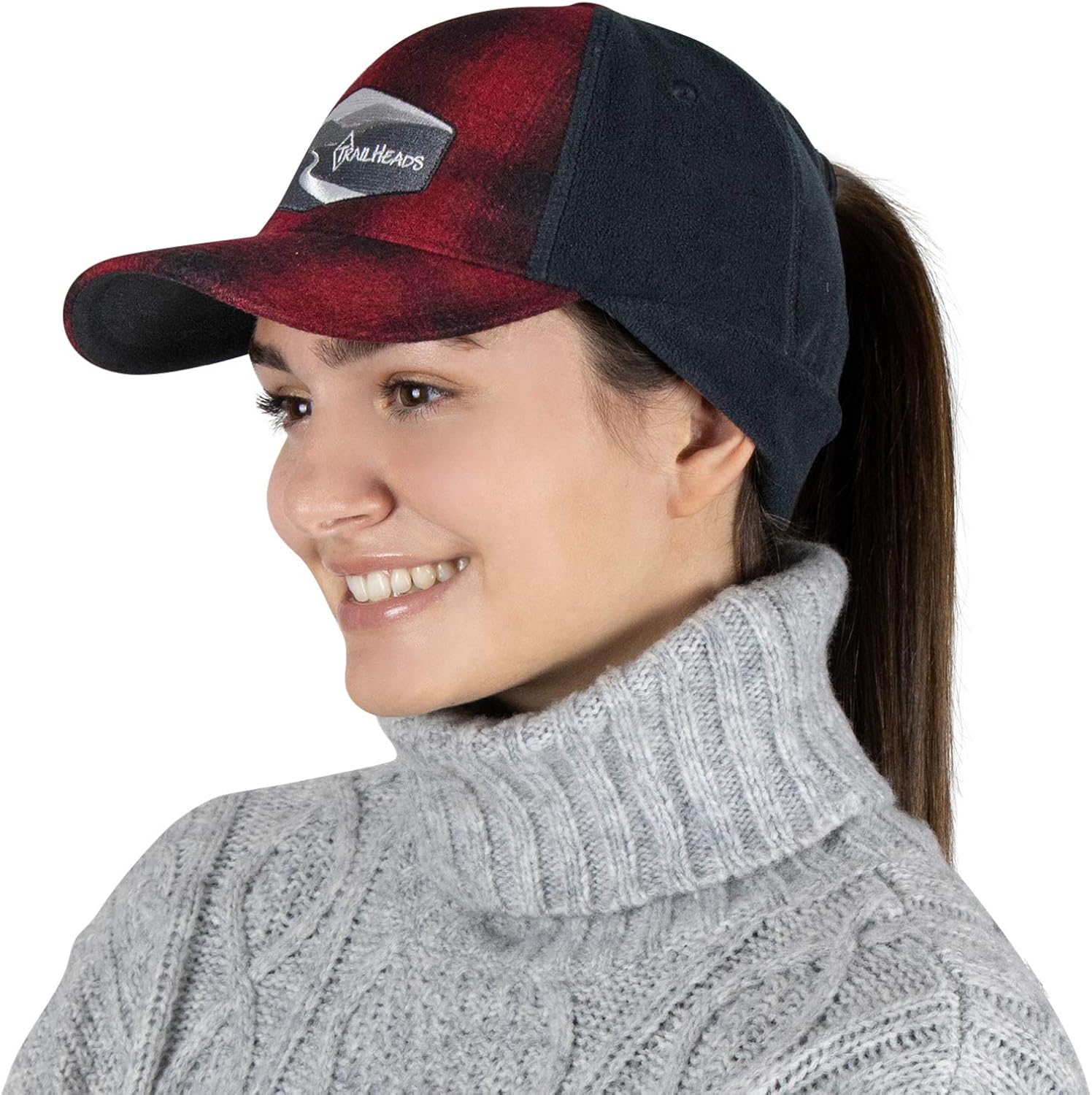 Women's Winter Ponytail Hat | Trucker Hat with Drop Down Ear Warmers - Blue Plaid at  Women’s Clothing store