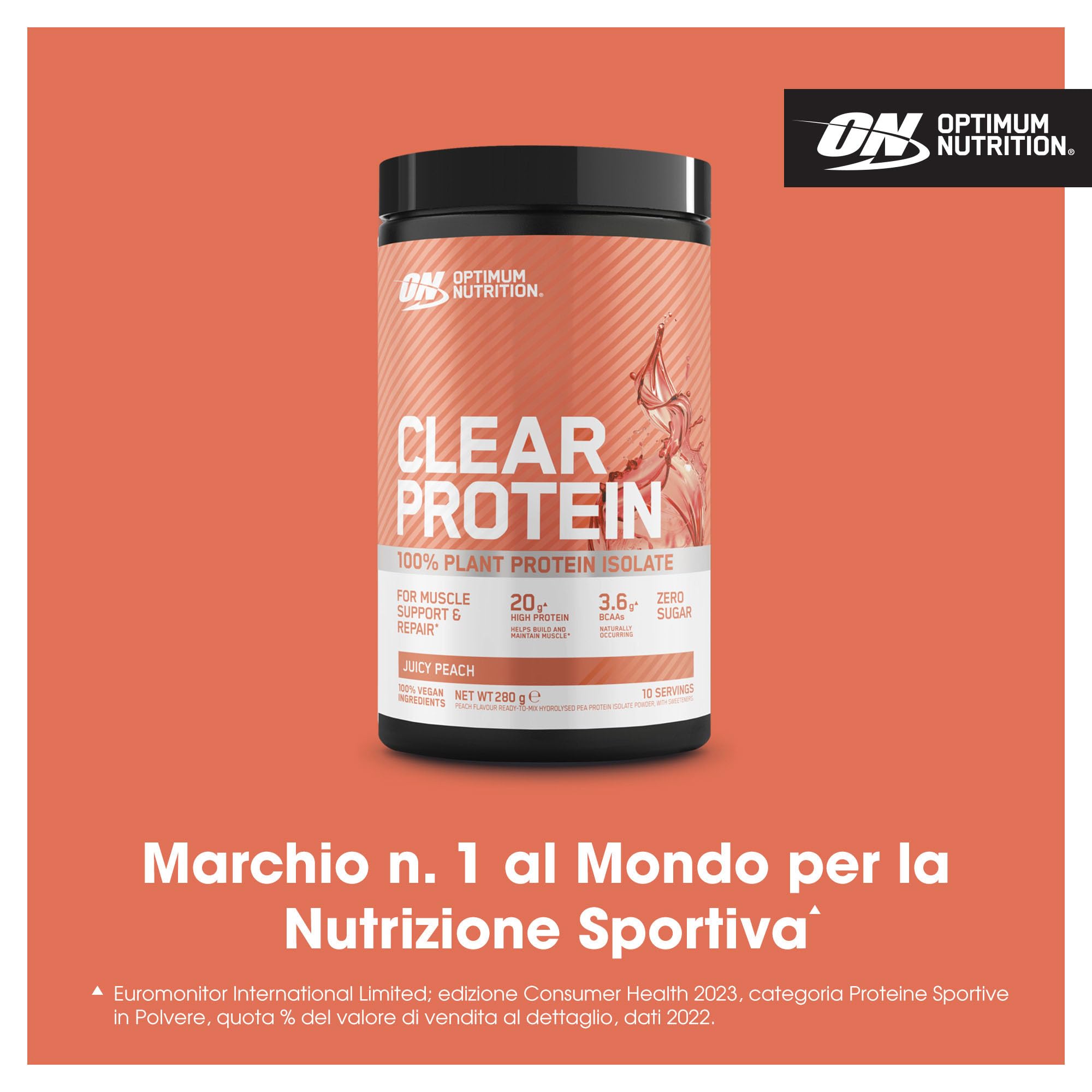 Optimum Nutrition Clear Protein 100% Proteine Vegetali Isolate in Polvere, Gusto Pesca Succosa, 280g, 10 Porzioni