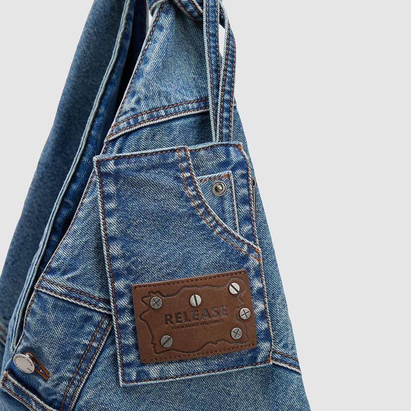 URBAN REVIVO Women Tote Shoulder Bag Large Capacity Denim with Leather Accents for Daily Commute and Dating - Image 7