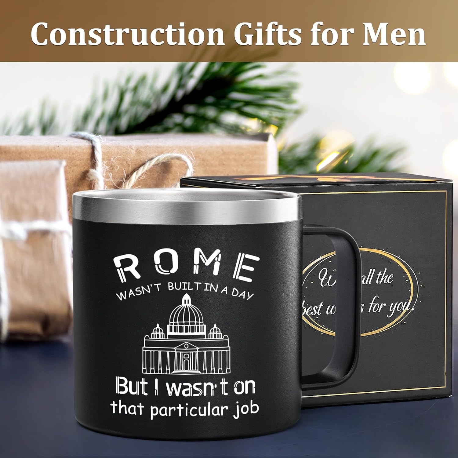 Lifecapido Construction Worker Gifts, Construction Gifts for Men, Rome Wasn't Built In A Day 14oz Insulated Coffee Mug, Christmas Birthday Gift for Men Construction Worker Builder, Black - Image 5