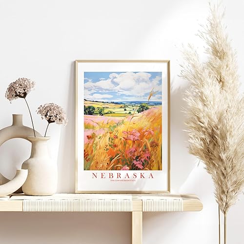 Miniatura 8 de Nebraska Travel Print Cornhusker State Souvenir Yellow Orange Pink Wall Art Retro Poster Scenic Landscape Painting (8x10 inches)