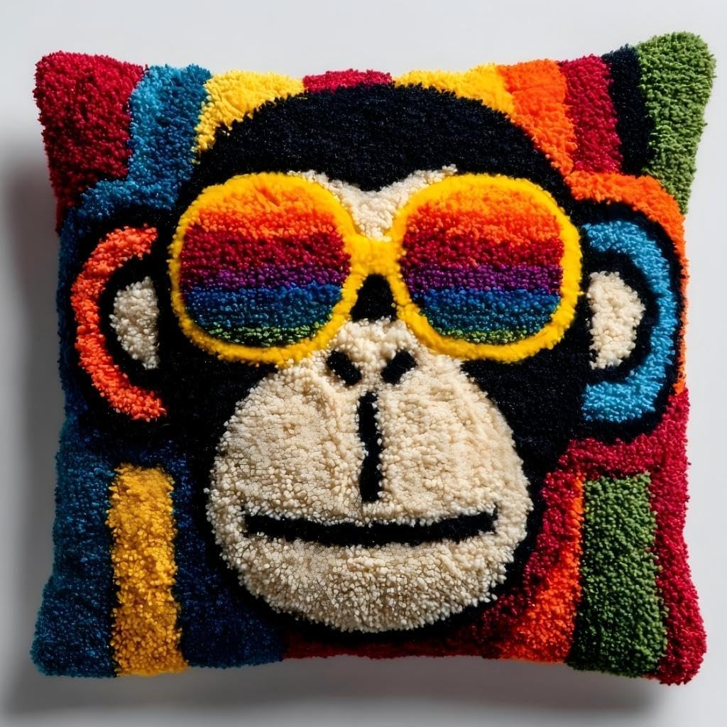 DIY Latch Hook Pillow Kit Colorful Monkey Wear Colorful Sunglass Easy for Beginners Color-Stamped Canvas Cushion 43x43cm Sofa Bedroom Decor Craft-1