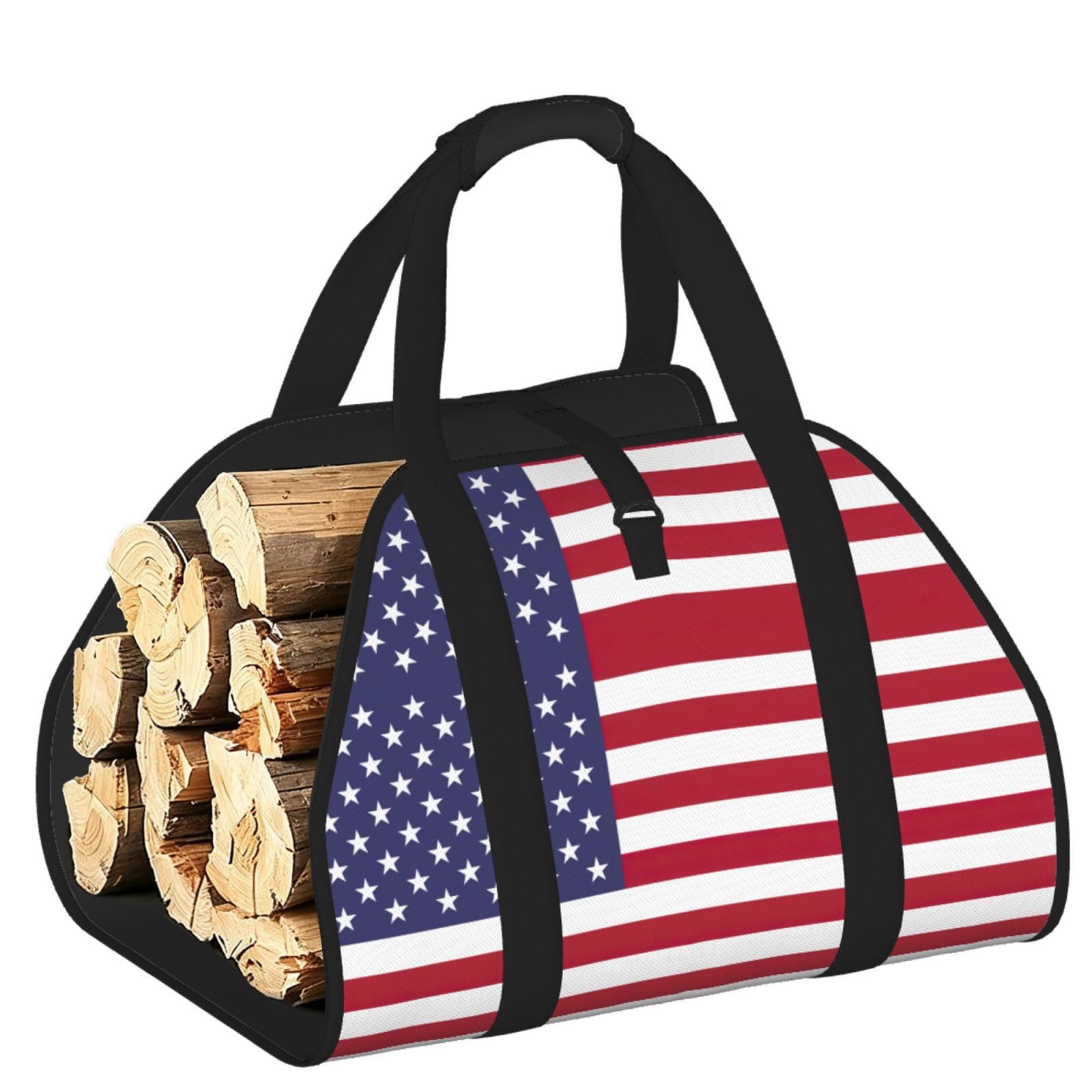American flag Printed Firewood Carrier Bag, Log Tote with Open-Ended Design for Camping Outdoor Wood Hauling
