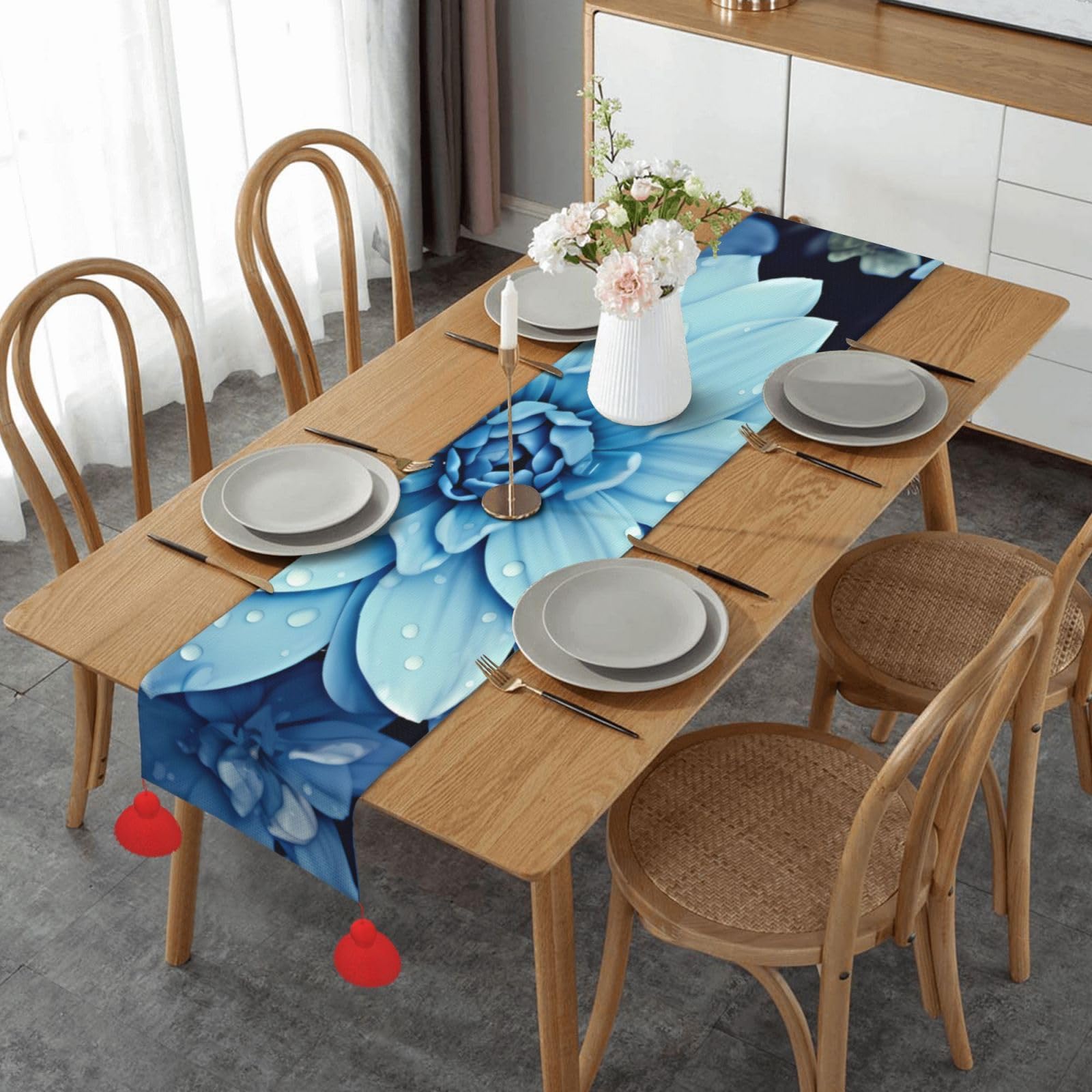 Chemin de table en lin bleu pour décoration de fête automnale et centre de table mariage