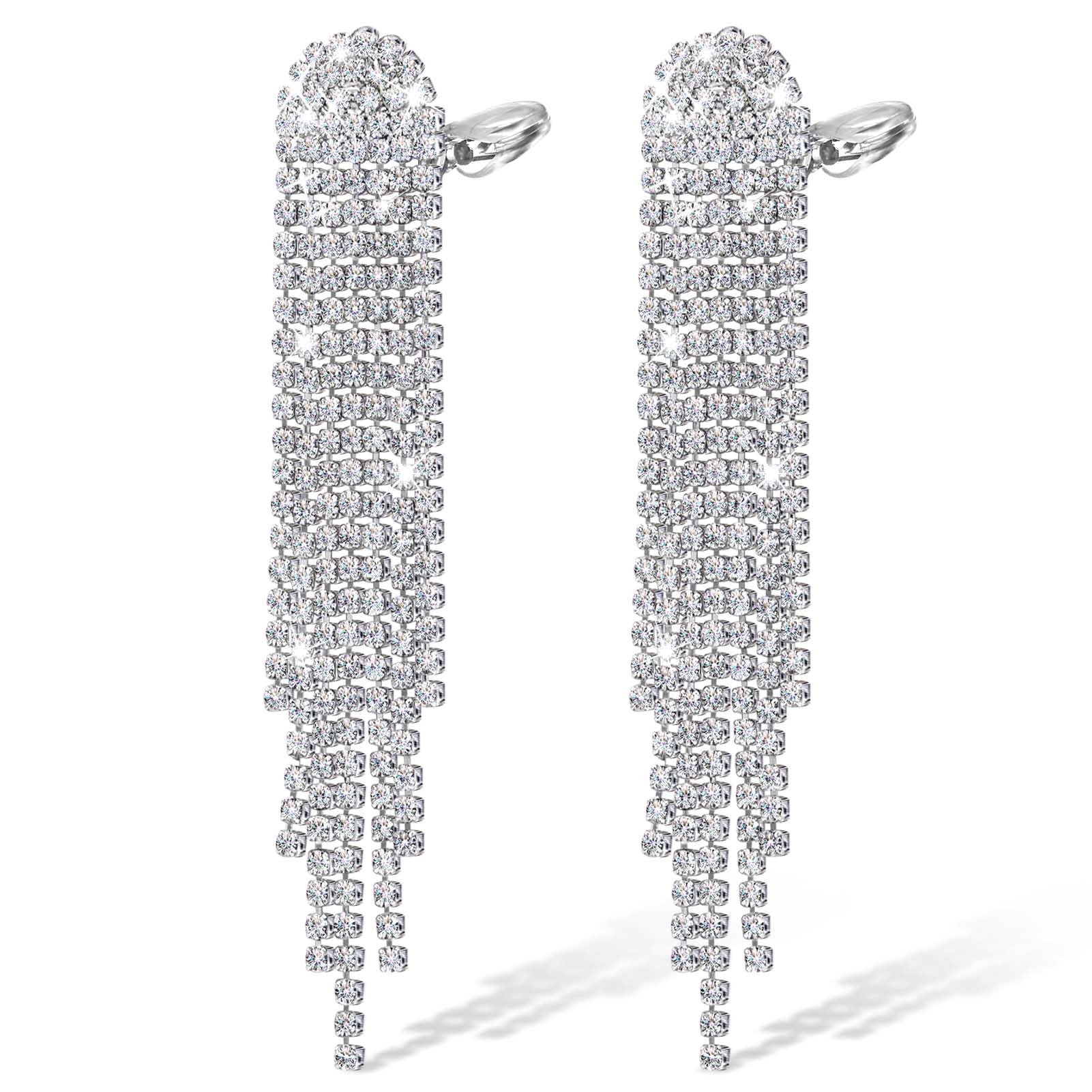 Rhinestone Earrings with Tassels for Women, Kucheed Sparkling Silver Late Dangle Earrings Fall Long Crystal Chandelier Earrings, Lightweight Diamonds Fringe Dangling Jewelry - Clip on Rhinestone Earrings