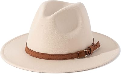 Lisianthus Men & Women Vintage Wide Brim Fedora Hat with Belt Buckle (A Buckle-Creamy, Medium)