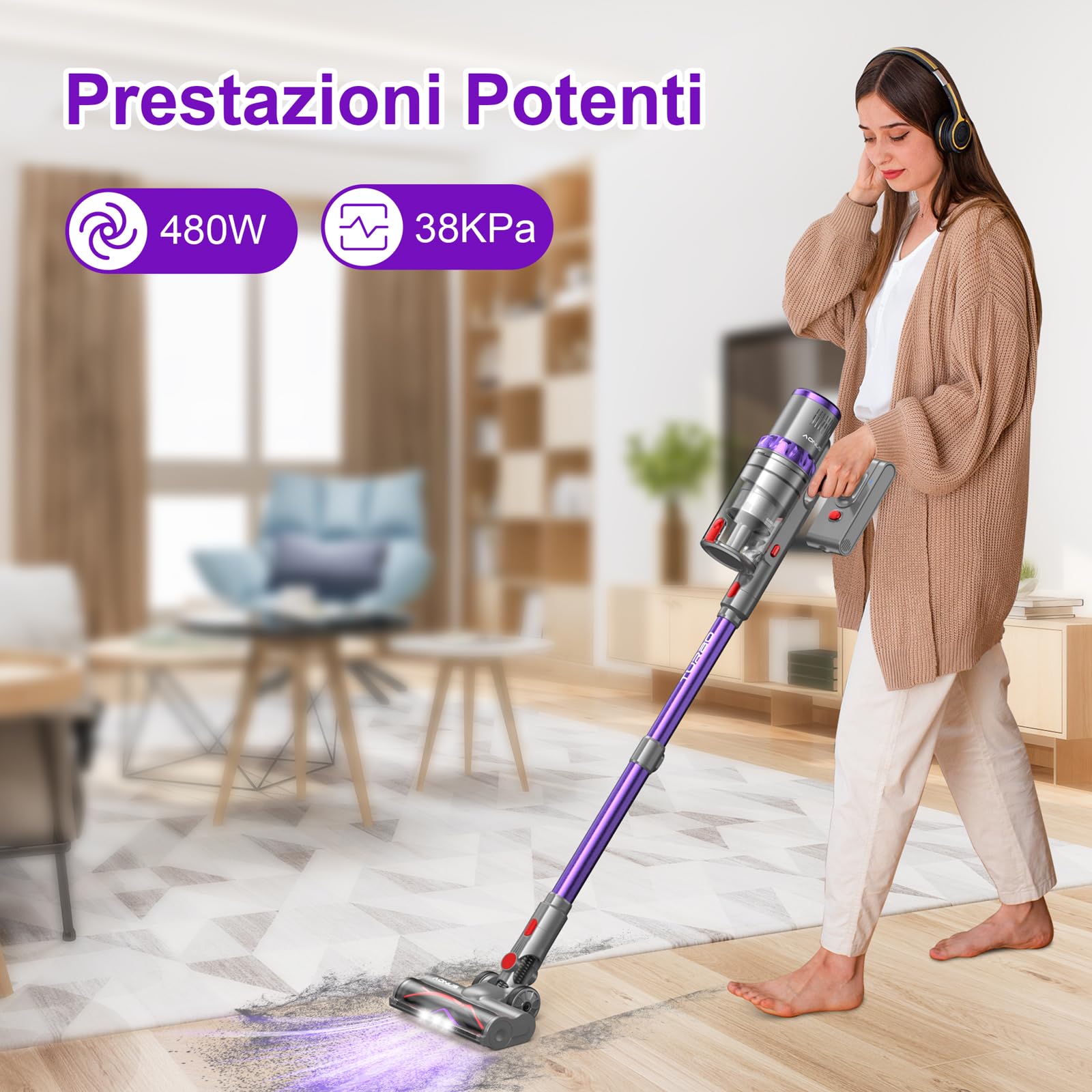 aonus A7 Aspirapolvere Senza Fili, 38KPA Scopa Elettrica Senza Fili Potente con Touchscreen, Anti-Avvolgimento, Sensore di Polvere per Pavimento Tappeto Peli Animali