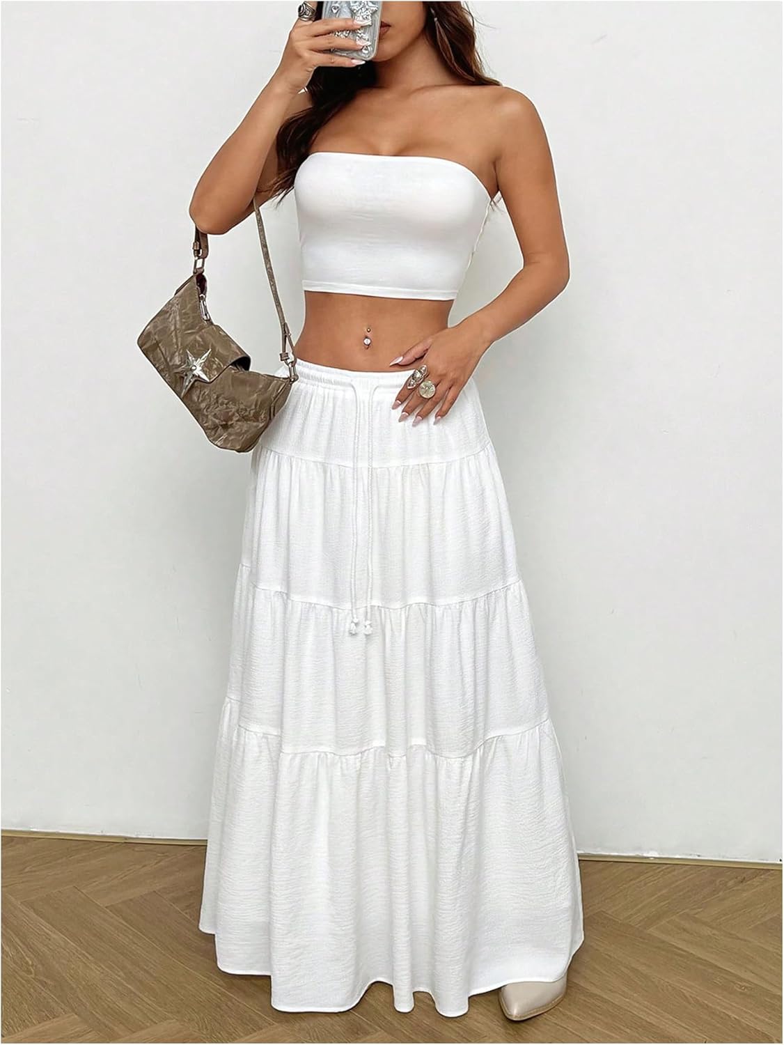 SOLY HUX Women's Summer 2 Piece Outfits Bandeau Tube Top and Ruffle Hem Long Skirt Set - Image 6