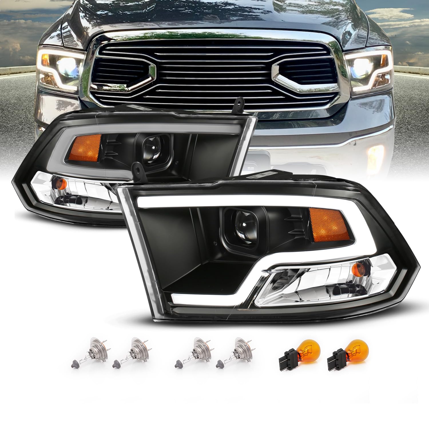 AmeriLite LED Plank Tube Black Square Projector Headlights Assembly for 2009-2019 Dodge Ram 1500 2500 3500 Pair - Driver and Passenger Side