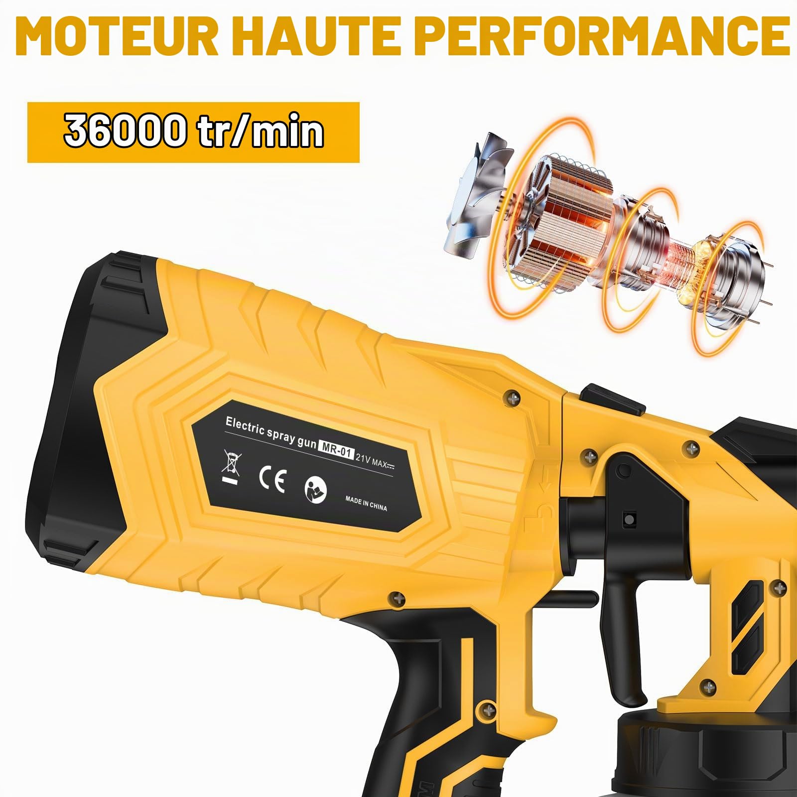 Pistolet a Peinture sans Fil avec 2 * 5500mAh Batterie, ASUNCELL Pistolet Peinture Electrique avec Grand récipient de 1 000 ML, pour Murs, Plafonds, Meubles, Clôtures, Armoires (Jaune)