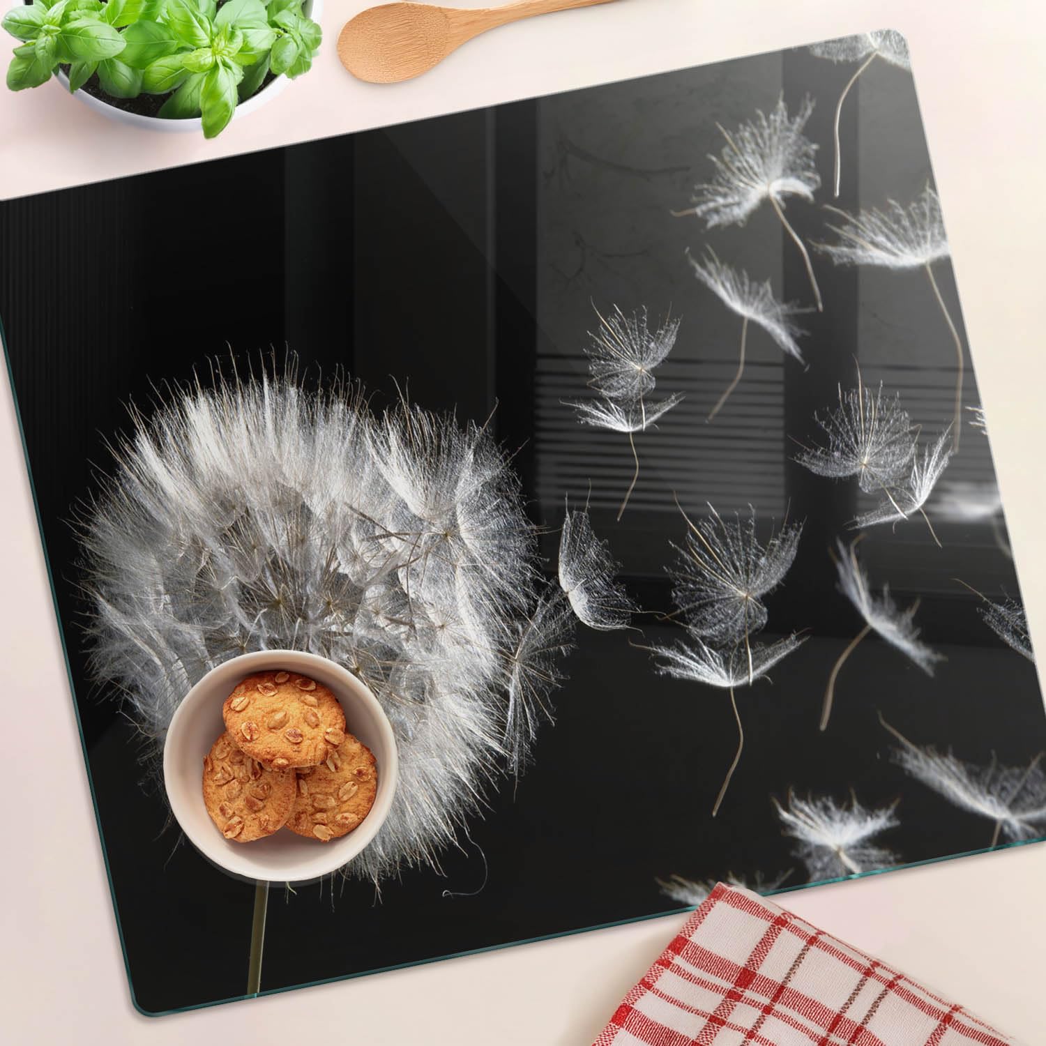 Planche à Découper en Verre Trempé 60x52 cm Pieds Antidérapants Symétrique Avec Impression Bords Polis Modernité Résistant à la Chaleur Contact Alimentaire Décoration - Pissenlit