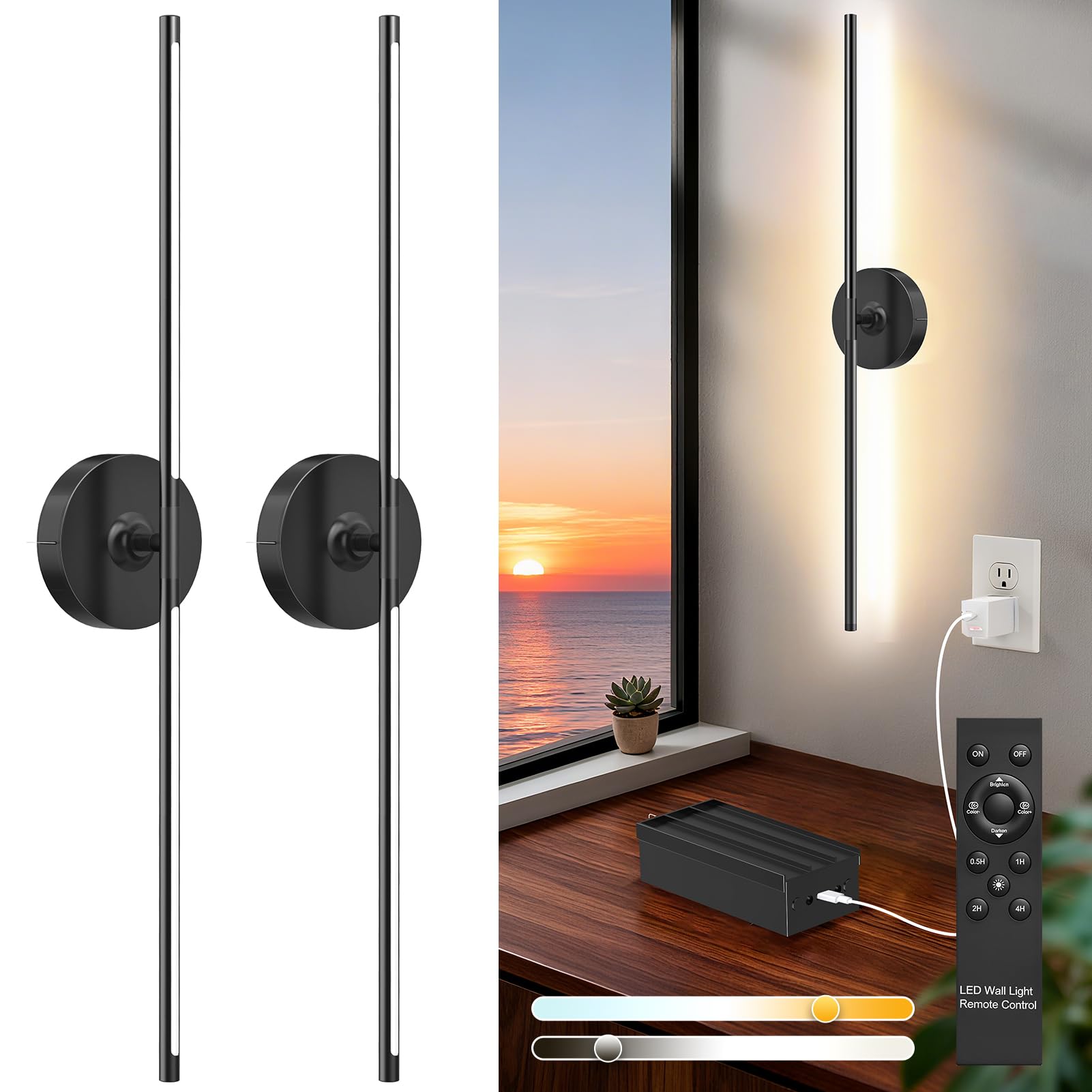 Viugreum Wall Light Indoor Battery Operated with Remote Control, 80CM USB Rechargeable LED Wall-Lamp, 350° Rotation Dimmable Touch Wireless Wall Sconces, Display Light for Living Room Bedroom, 2 Pack