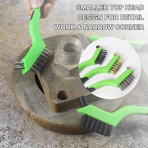 Miniatura 2 de Juego de 3 cepillos de alambre pequeños, cerdas de nailonlatónacero inoxidable con mango curvado para limpieza profunda, óxido, suciedad, removedor