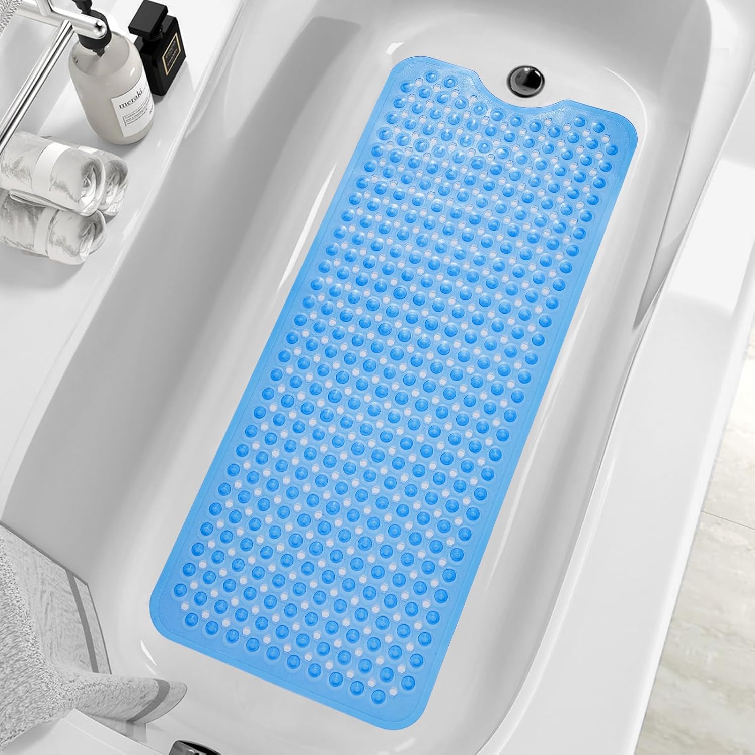 Zhicheng Non-Slip Bath Mat 39 x 16 Inch, Machine Washable with Drain Holes and Suction Cups, Blue