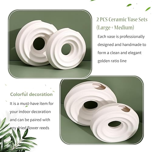 Miniatura 3 de Jarrones de cerámica para decoración del hogar, juego de 2, jarrones de cerámica blanca para decoración del hogar, huecos, redondos mate, ideales