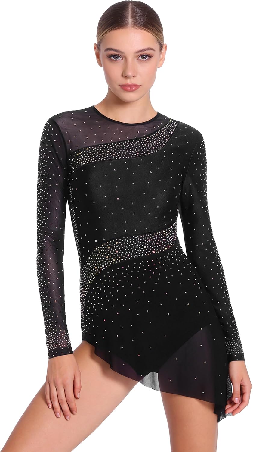 Women Shiny Rhinestones Figure Ice Skating Dress Long Sleeve Irregular Hem Ballet Lyrical Dance Dress