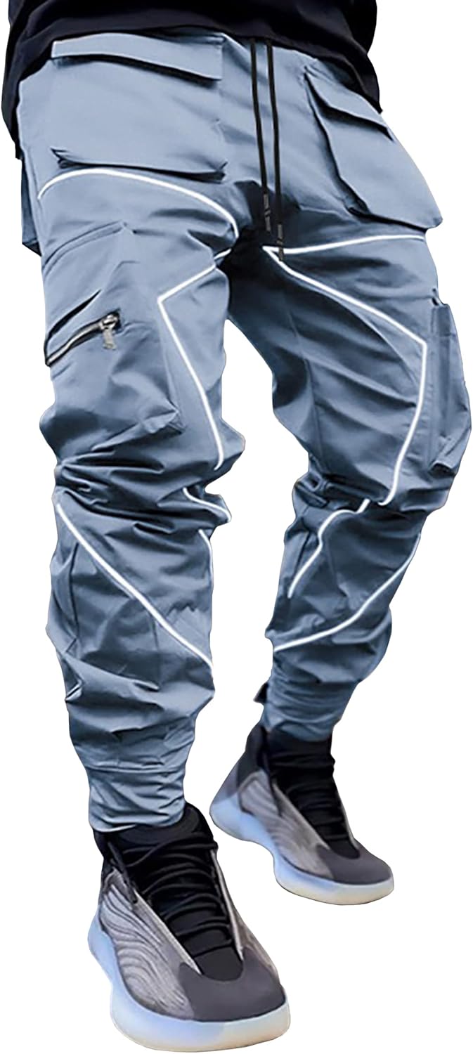 BOOMLEMON Men's Cargo Jogger Pants Reflective Technical Hip Hop Harem Pants Punk Streetwear Tactical Track Pants