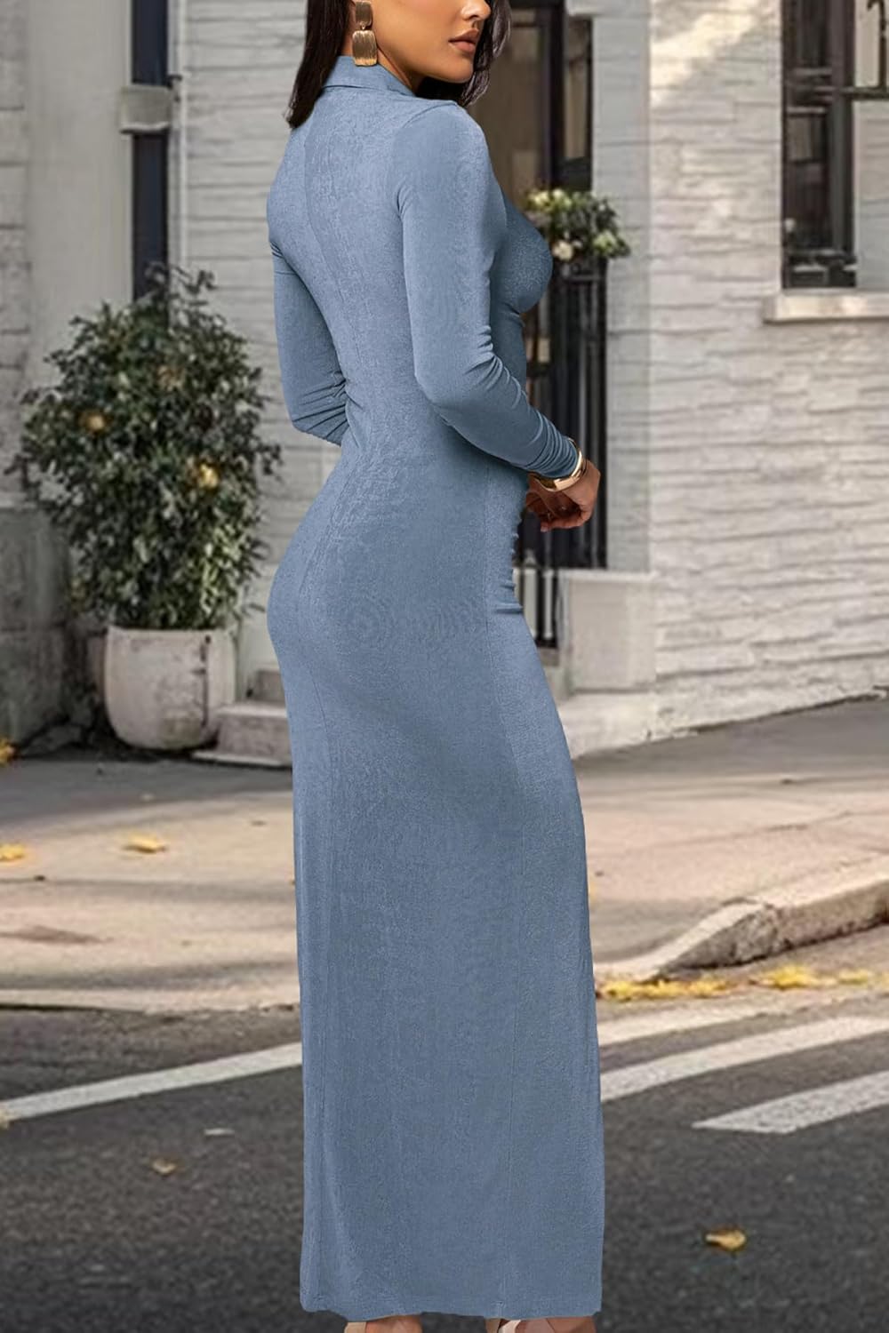 Women's Button Down Ruched Stretchy Dress Long Sleeve Casual Maxi Long Dresses - Image 7