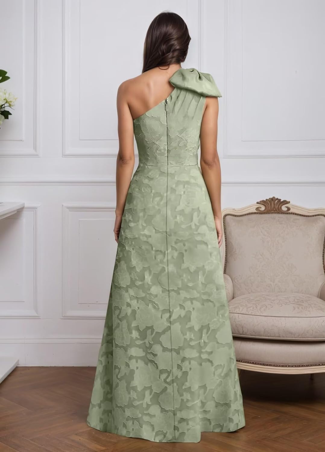 One Shoulder Mother of The Bride Dresses for Women Lace Floral Long Formal Dress with Bow - Image 4