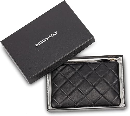 Miniatura 7 de DORIS&JACKY Monedero de piel de cordero suave, pequeño, acolchado, con bloqueo RFID, con cremallera, con llavero